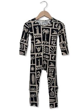 Simple Seed Baby Black & Cream Surf Print Bamboo sleep to play suit